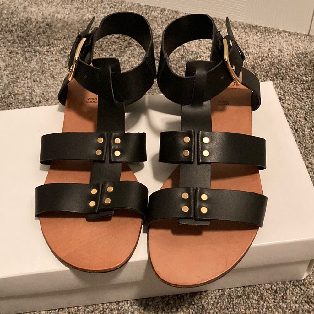 Black leather upper gladiator sandals. Like new. Made in Italy